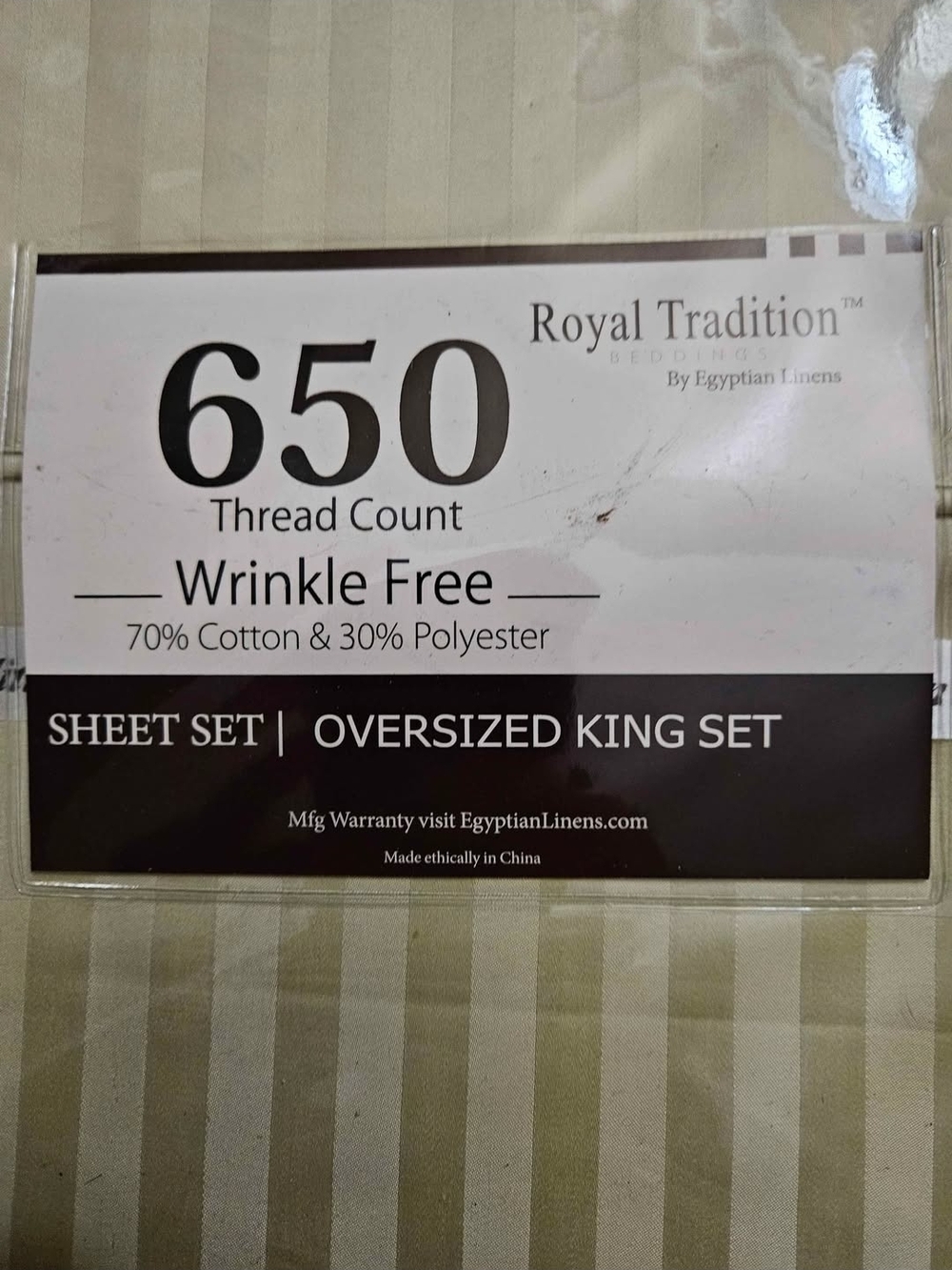 650 Thread Count Wrinkle-Free Oversized King Sheet Set - Beige Stripe